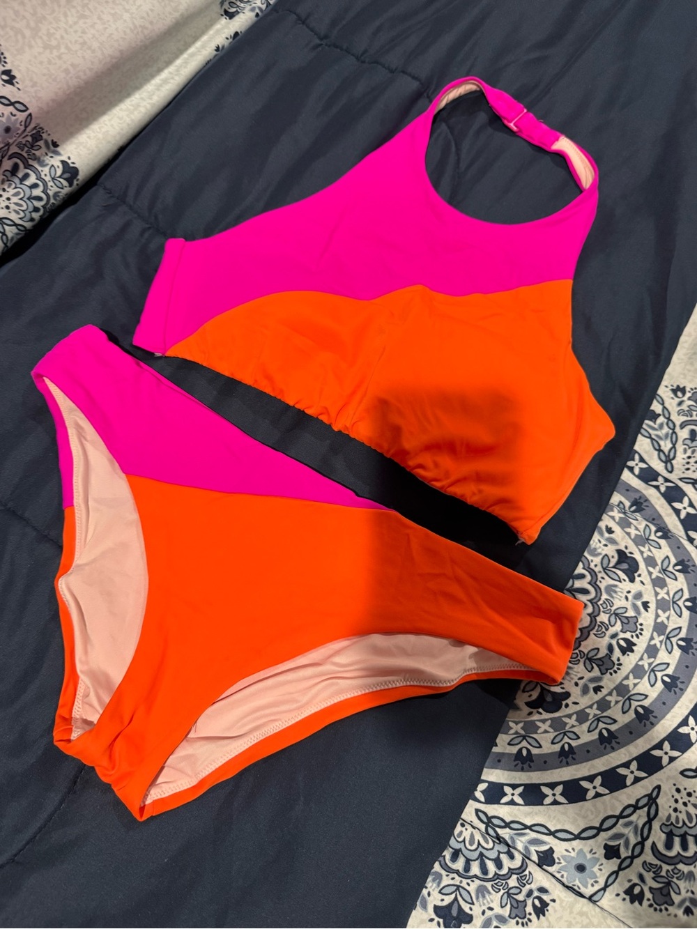 Victoria's Secret Neon Pink & Orange High-Neck Bikini Set. Top Sz L Bottom Sz M